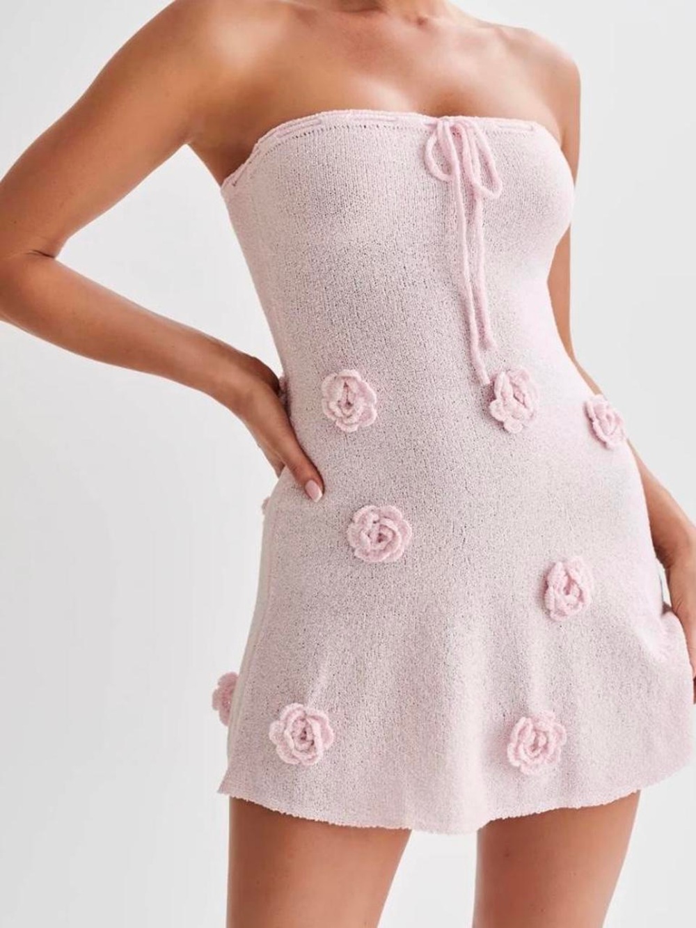 Meshki Connelly Strapless Baby pink 3D Floral Mini Dress Knit Blush